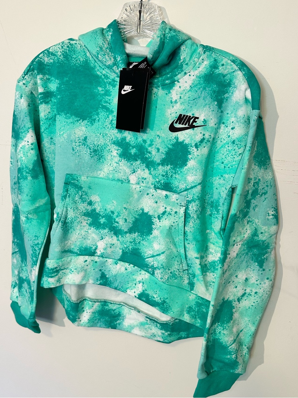 NWT Nike Girls L Pullover Hoodie Aqua Splatter Print High Low Hem